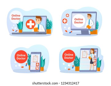 Online consultation with doctor set. Remote medical treatment on the smartphone or computer. Mobile service. Isolated vector flat illustration