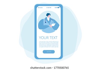 Online consultation, doctor in smartphone. Vector illustration for web banner, infographics, mobile. 