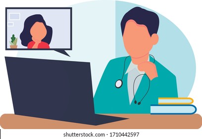 Online consultation with a doctor via the online app. Modern medical technology.Telemedicine, consultations, therapy. The concept of stay at home. Quarantine. Vector illustration.