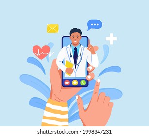 Online consultation with doctor. Virtual medicine. Phone screen with medic on chat in messenger. Using smartphone to video call to therapist. Vector illustration