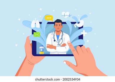 Online consultation with doctor. Virtual medicine. Computer screen with medic on chat in messenger. Using tablet pc to video call to therapist. Vector illustration