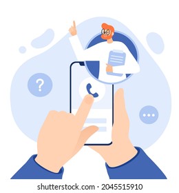 Online consultation with a doctor. Doctor visit. Modern healthcare technologies. Hospital. Young man character talking to the doctor. Telemedicine, therapy, pharmacy. Smartphone screen. Vector flaten.