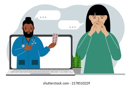 Online consultation with a doctor. A woman in pain holds his hands to his face and communicates through a laptop with a doctor. Vector flat illustration