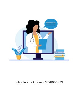 Online Consultation Of A Family Doctor. Remote Medical Care. The Doctor Calls The Woman On Video. Vector Illustration In Flat Style.