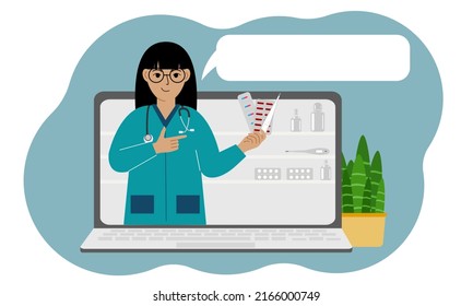 Online consultation or feedback concept. Laptop with a picture of a female pharmacist with medicines in his hand. Vector flat illustration