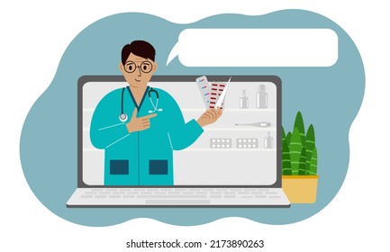 Concepto de consulta o retroalimentación en línea. Portátil con una foto de un farmacéutico masculino con medicinas en la mano. Ilustración plana del vector