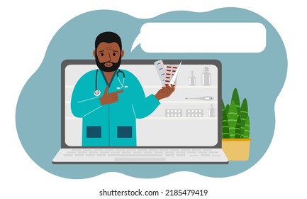 Online consultation or feedback concept. Laptop with a picture of a male pharmacist with medicines in his hand. Vector flat illustration