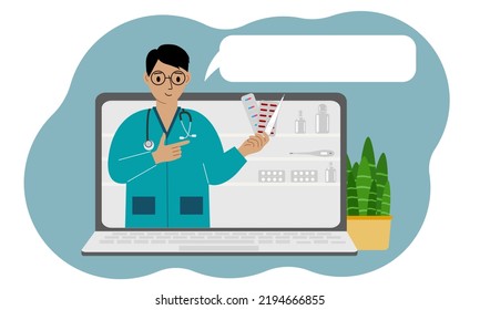 Online-Konsultation oder Feedback-Konzept. Laptop mit einem Bild eines männlichen Apothekers mit Arzneimitteln in der Hand. Vektorgrafik