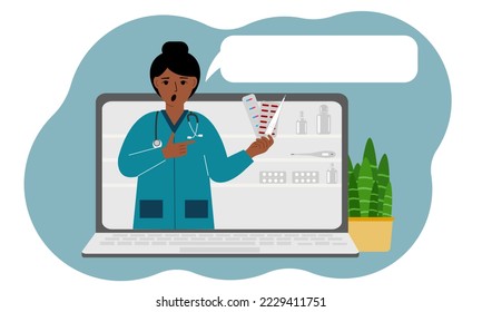 Online consultation or feedback concept. Laptop with a picture of a female pharmacist with medicines in his hand. Vector flat illustration