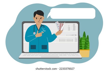 Online consultation or feedback concept. Laptop with a picture of a male pharmacist with medicines in his hand. Vector flat illustration