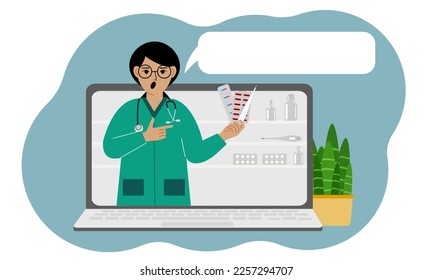 Online-Konsultation oder Feedback-Konzept. Laptop mit einem Bild von einer Apothekerin mit Medikamenten in der Hand. Vektorgrafik