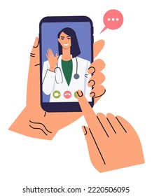 Online consultation with a female doctor. Hands holding smartphone with video call on screen. The doctor makes a greeting gesture with his hand. Call a doctor online. Flat vector isolated on white.