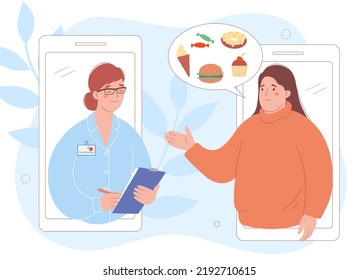 Online consultation. Female nutritionist doctor advises  overweight woman, asks her questions about nutrition. Concept of  healthy lifestyle and proper nutrition.