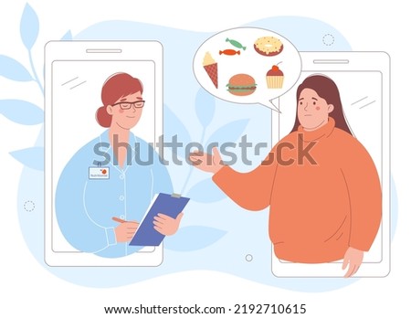 Online consultation. Female nutritionist doctor advises  overweight woman, asks her questions about nutrition. Concept of  healthy lifestyle and proper nutrition.