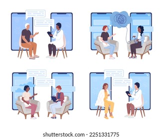 Online consultation flat concept vector illustrations set. Internet meeting with doctor. Editable 2D cartoon characters on white for web design. Creative ideas for website, mobile, presentation