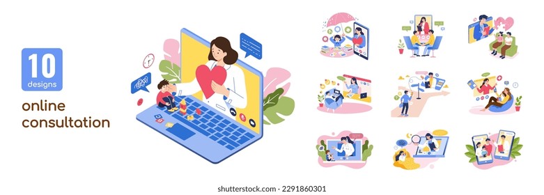 Online consultation flat illustration collection. Including family, one-on-one, relationship, children, teenagers, health and stress consultation isolated on white background