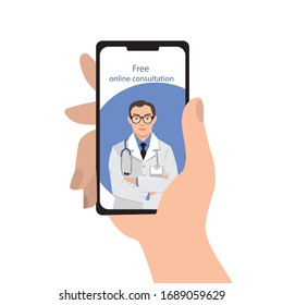 online consultation is free. consultation with a doctor. medical consultation. doctor on the phone screen. phone in hand. stock vector illustration. Isolated illustration on a white background. virus