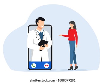 Online consultation of a general practitioner. Smartphone with a therapist in a chat and online consultation. The girl asks the doctor. Medical consultations via the Internet, telemedicine. Vector