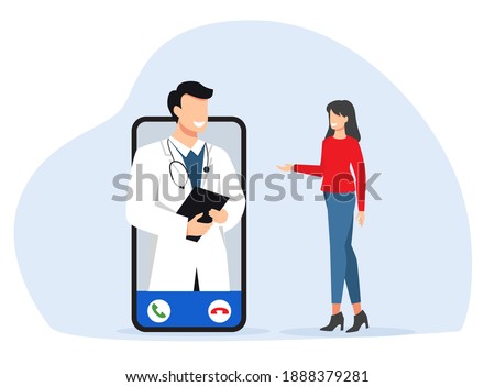 Online consultation of a general practitioner. Smartphone with a therapist in a chat and online consultation. The girl asks the doctor. Medical consultations via the Internet, telemedicine. Vector