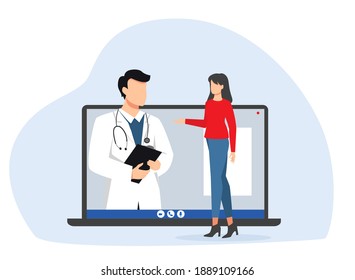 Online consultation of a general practitioner, survey, call a doctor by video call, application. Telemedicine. The doctor advises the girl. Vector