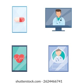 Online consultation icons set cartoon vector. Virtual doctor treatment. Modern healthcare technology