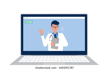 online consultation image,doctor talking in PC,vector illustration