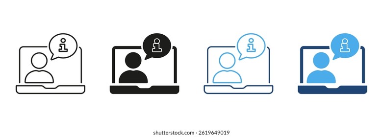 Online Consultation And Information Support Icon Set. Virtual Assistance And Customer Service Outline And Silhouette Symbol Collection. Digital Communication. Isolated Vector Illustration.