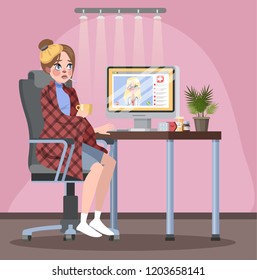 Online consultation with male doctor. Remote medical treatment. Mobile service. Sick woman chatting with medical worker on computer. Isolated flat vector illustration