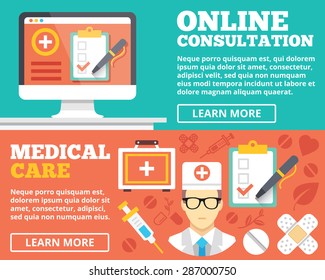 Online consultation and medical care flat illustration concepts set. Flat design concepts for web banners, web sites, printed materials, infographics. Creative vector illustration