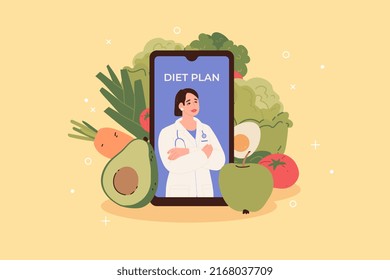 Online consultation with a nutritionist about a diet plan. Smartphone beside vegetables