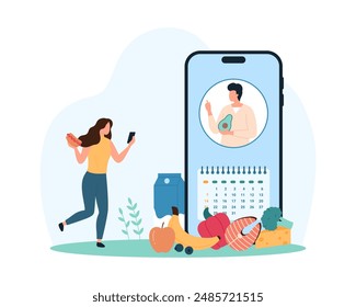 Online consultation with nutritionist to create diet menu, weight loss program. Tiny woman planning healthy food with dietitian doctor and calendar on smartphone screen cartoon vector illustration