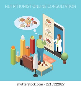 Online consultation with nutritionist isometric composition with overweight man talking to female nutrition expert on smartphone 3d vector illustration