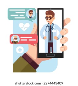 Online consultation of an old man with doctor, smartphone with man on screen. Medical service, tele medicine. Chat in messenger. Cartoon flat isolated illustration. Vector healthcare concept