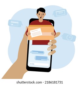 Online consultation on the delivery of goods. Mobile phone with correspondence with the delivery service. Delivery man with a box. Vector illustration