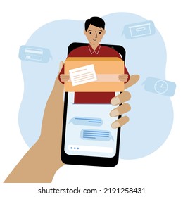 Online consultation on the delivery of goods. Mobile phone with correspondence with the delivery service. Delivery man with a box. Vector illustration