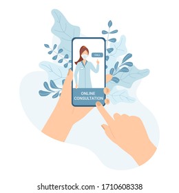 Online consultation of a patient with a doctor via smartphone. Medical support using modern technology. Internet doctor at the time of self-isolation and quarantine.Vector illustration in a flat style