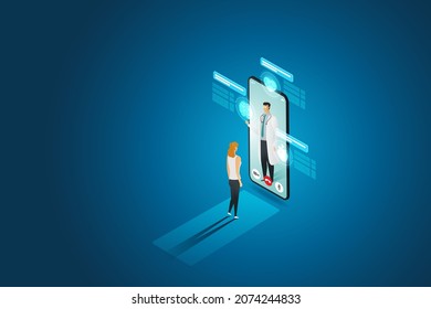 Online consultation of patients with doctors Remote medical health consultation service via smartphone. isometric vector illustration.