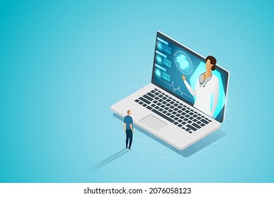 Online consultation of patients with doctors Remote medical health consultation service via laptop screen. isometric vector illustration.
