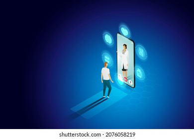 Online consultation of patients with doctors Remote medical health consultation service via smartphone. isometric vector illustration.