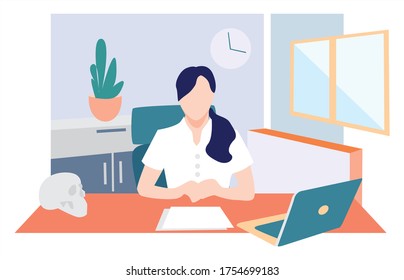 
Online consultation of a pisologist, doctor, cosmologist. Doctor's advice. Woman working in her apartment. Freelancer working during quarantine. Stay home and learn. Online diagnosis. Illustration