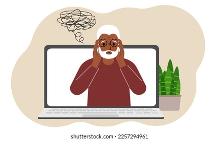 Online consultation with a psychologist. Laptop with a grandfather with confused thoughts. Psychotherapeutic practice, psychological assistance, psychiatric consultation. Vector flat illustration