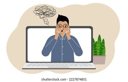 Online consultation with a psychologist. Laptop with a man with confused thoughts. Psychotherapeutic practice, psychological assistance, psychiatric consultation. Vector flat illustration