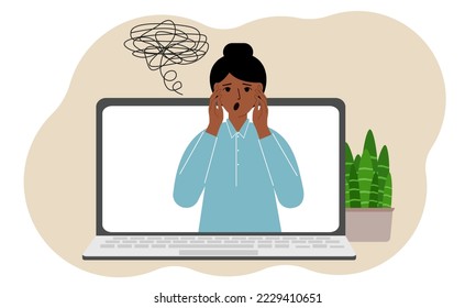 Online consultation with a psychologist. Laptop with a woman with confused thoughts. Psychotherapeutic practice, psychological assistance, psychiatric consultation. Vector flat illustration