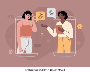 Online consultation with psychotherapist by phone concept, character of girl with depression and a mental disorders. Woman has a conversation with psychoanalyst, helpline service. Vector illustration