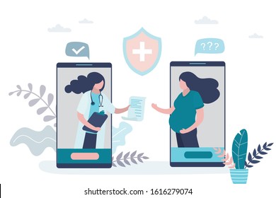 Online consultation and recommendations of a physician. Prenatal medicine,famale characters. Medical application on smartphone. Internet chat. Cute pregnant woman and doctor.Trendy vector illustration