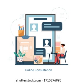 Online consultation service with interior designer concept. Decorator planning the design of a room, choosing wall color and furniture style. House renovation. Isolated flat vector illustration