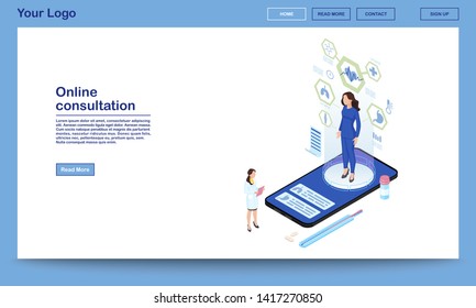 Online consultation service isometric landing page template. Remote internal organs diagnostics. 3d patient hologram with distance organism scanning technology. Modern medical research center webpage
