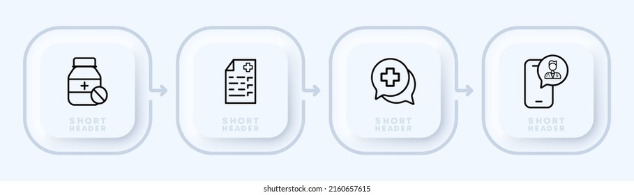 Icono de conjunto de consultas en línea. Medicamentos, pastillas, prescripción, consejo, ayuda, teléfono, médico. Concepto de salud. Estilo neomorfista. Icono de línea de vector para negocios y publicidad.