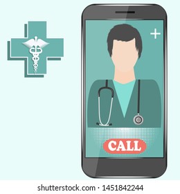 Online consultation - Smartphone with avatar Doctor, man with stethoscope - medical caduceus symbol - flat style, isolated on light background - vector. Concept first aid.