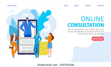 Online consultation at smartphone, vector illustration. Man woman person charcater use business consultant service landing page.